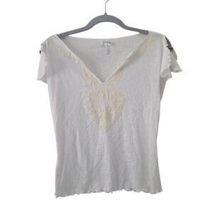 XOXO White Embroidered V-Neck Lettuce Hem Top Size Large